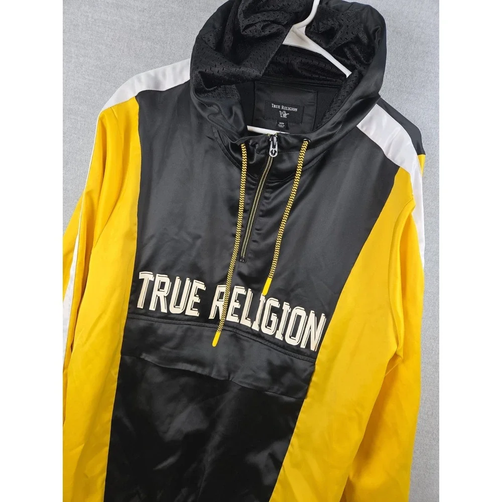 True Religion M Hooded Pullover Jacket Spell Out Logo Gold Black Hip Hop Retro